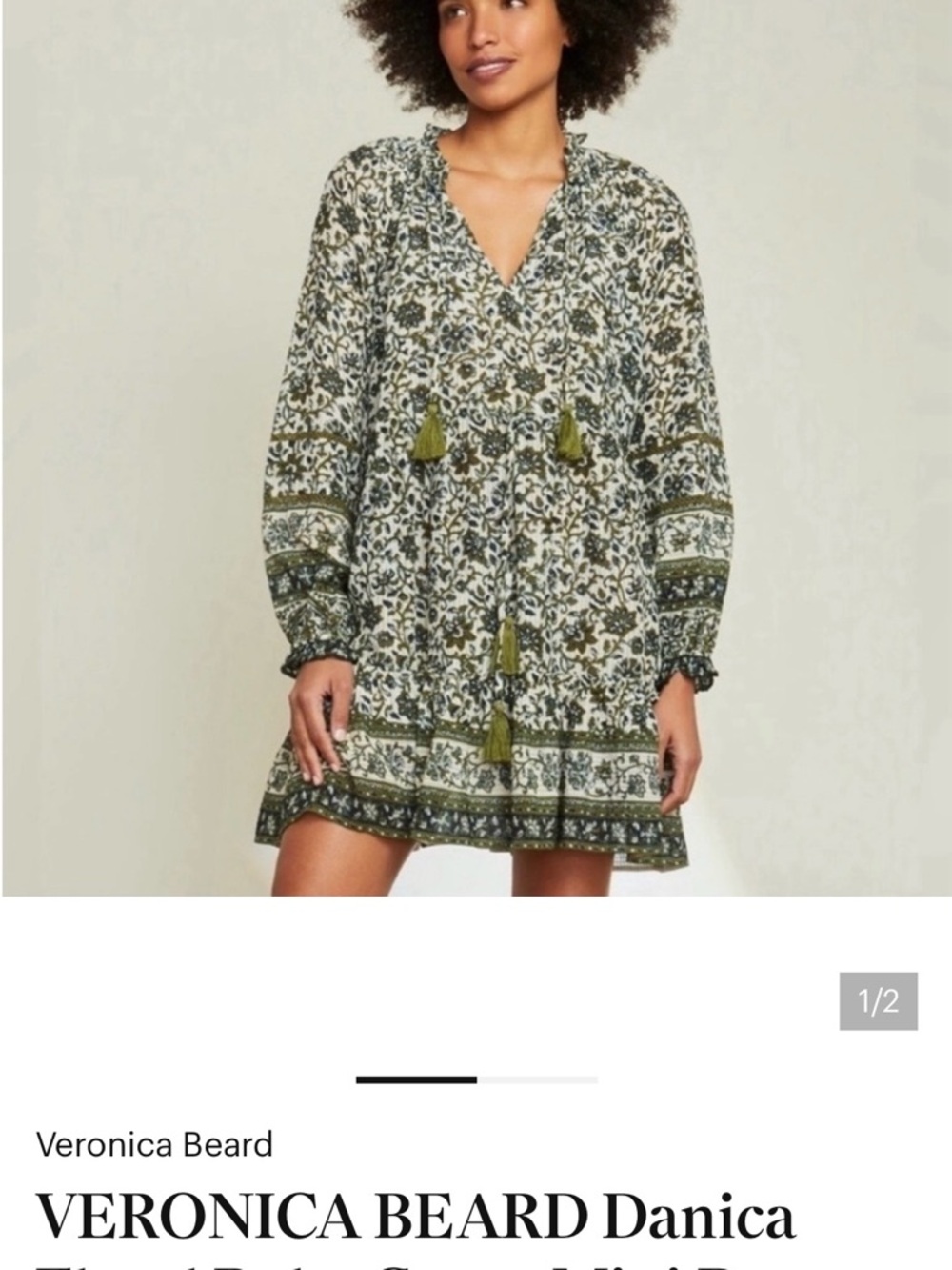 Veronica Beard Olive and Cream Boho Tassel Mini Dress